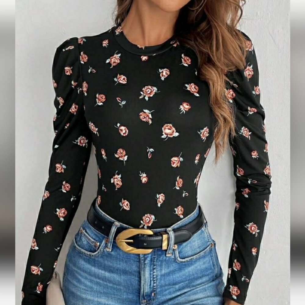 SHEIN Black Floral Print Blouse